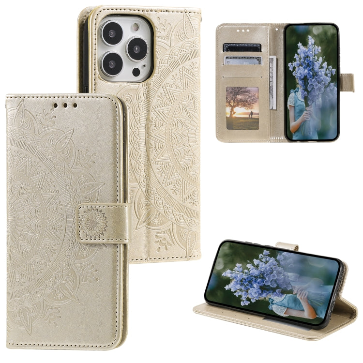 For iPhone 15 Pro Totem Flower Embossed Leather Phone Case(Gold) - HoMEdemic™ 