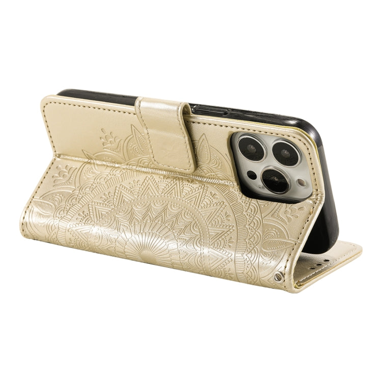 For iPhone 15 Pro Totem Flower Embossed Leather Phone Case(Gold) - HoMEdemic™ 