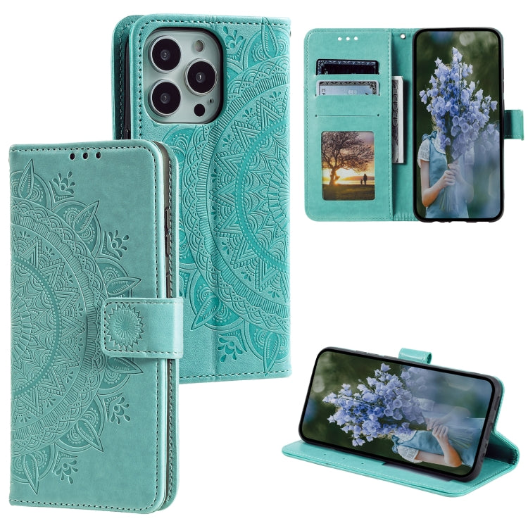 For iPhone 15 Pro Totem Flower Embossed Leather Phone Case(Green) - HoMEdemic™ 