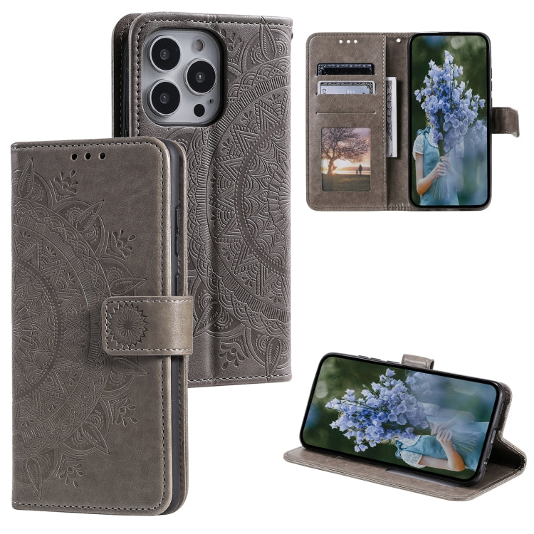 For iPhone 15 Pro Totem Flower Embossed Leather Phone Case(Grey) - HoMEdemic™ 