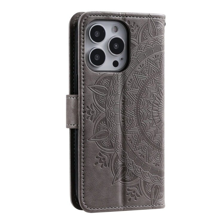 For iPhone 15 Pro Totem Flower Embossed Leather Phone Case(Grey) - HoMEdemic™ 