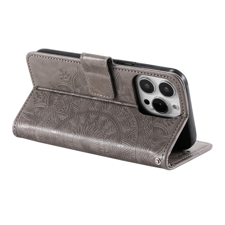 For iPhone 15 Pro Totem Flower Embossed Leather Phone Case(Grey) - HoMEdemic™ 