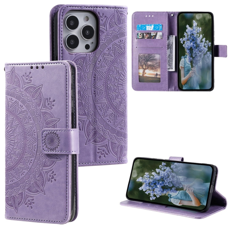 For iPhone 15 Pro Totem Flower Embossed Leather Phone Case(Purple) - HoMEdemic™ 