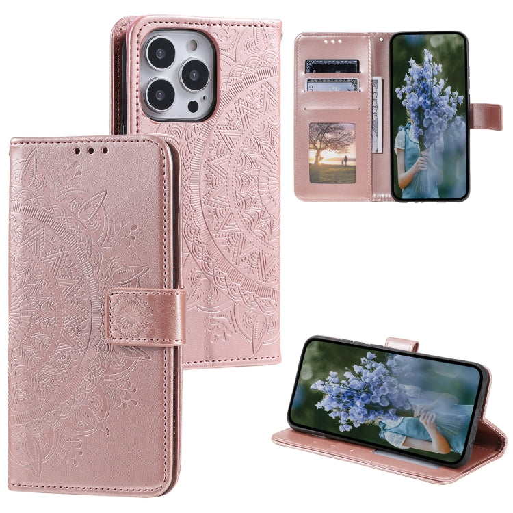 For iPhone 15 Pro Totem Flower Embossed Leather Phone Case(Rose Gold) - HoMEdemic™ 