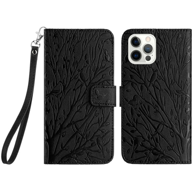 For iPhone 15 Pro Tree Birds Embossed Pattern Leather Phone Case(Black) - HoMEdemic™ 
