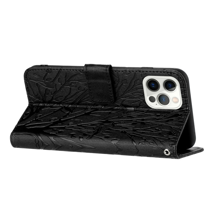 For iPhone 15 Pro Tree Birds Embossed Pattern Leather Phone Case(Black) - HoMEdemic™ 