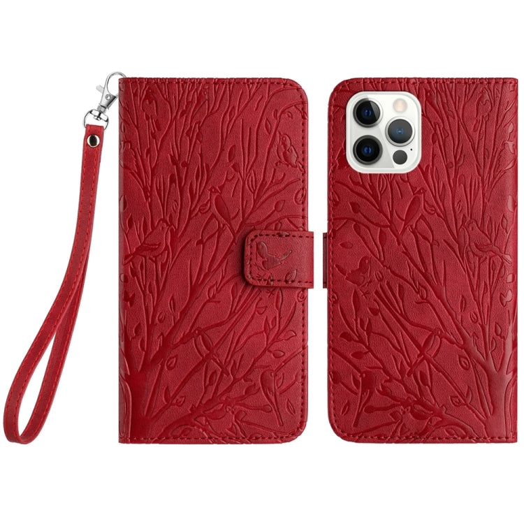 For iPhone 15 Pro Tree Birds Embossed Pattern Leather Phone Case(Red) - HoMEdemic™ 