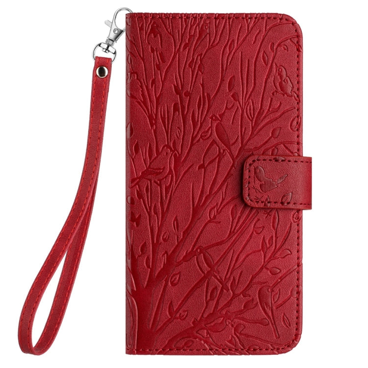 For iPhone 15 Pro Tree Birds Embossed Pattern Leather Phone Case(Red) - HoMEdemic™ 