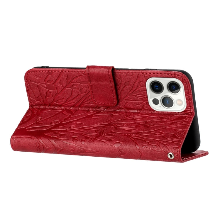 For iPhone 15 Pro Tree Birds Embossed Pattern Leather Phone Case(Red) - HoMEdemic™ 