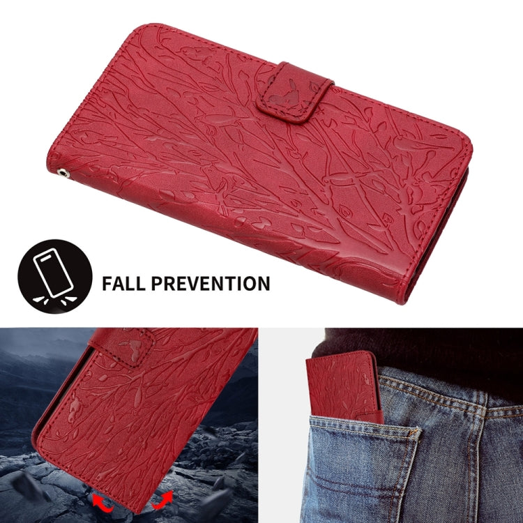 For iPhone 15 Pro Tree Birds Embossed Pattern Leather Phone Case(Red) - HoMEdemic™ 