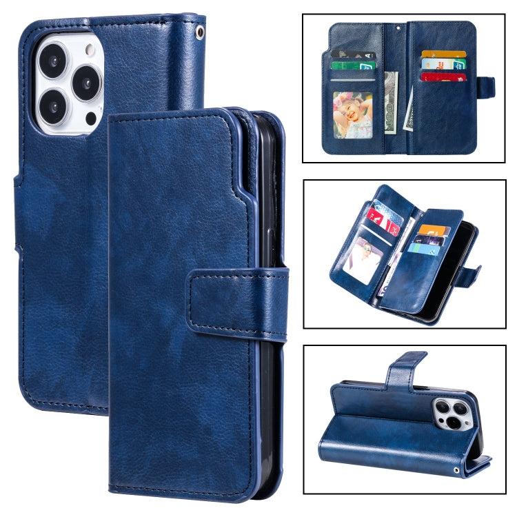 For iPhone 15 Pro Tri-Fold 9-Card Wallets Leather Phone Case(Blue) - HoMEdemic™ 