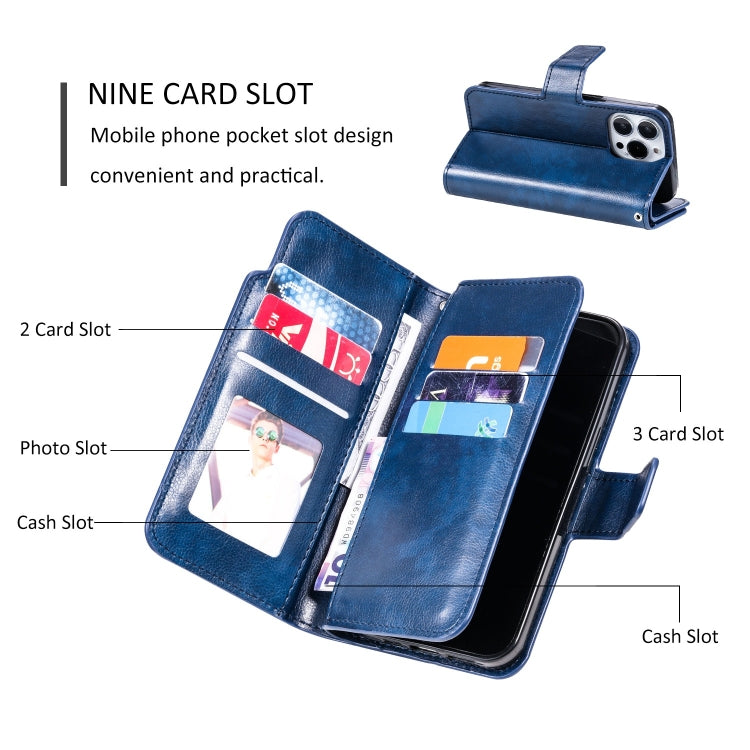 For iPhone 15 Pro Tri-Fold 9-Card Wallets Leather Phone Case(Blue) - HoMEdemic™ 
