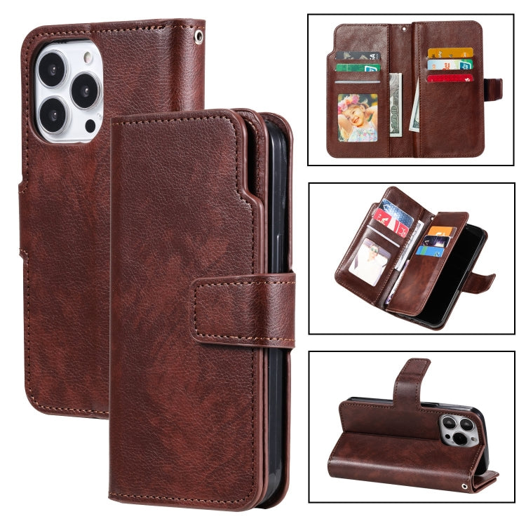 For iPhone 15 Pro Tri-Fold 9-Card Wallets Leather Phone Case(Brown) - HoMEdemic™ 