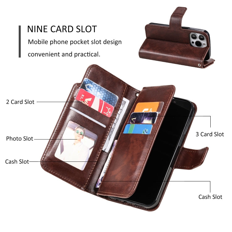 For iPhone 15 Pro Tri-Fold 9-Card Wallets Leather Phone Case(Brown) - HoMEdemic™ 