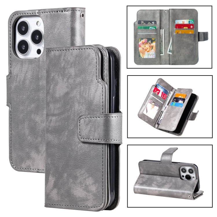 For iPhone 15 Pro Tri-Fold 9-Card Wallets Leather Phone Case(Grey) - HoMEdemic™ 
