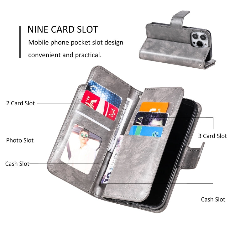 For iPhone 15 Pro Tri-Fold 9-Card Wallets Leather Phone Case(Grey) - HoMEdemic™ 