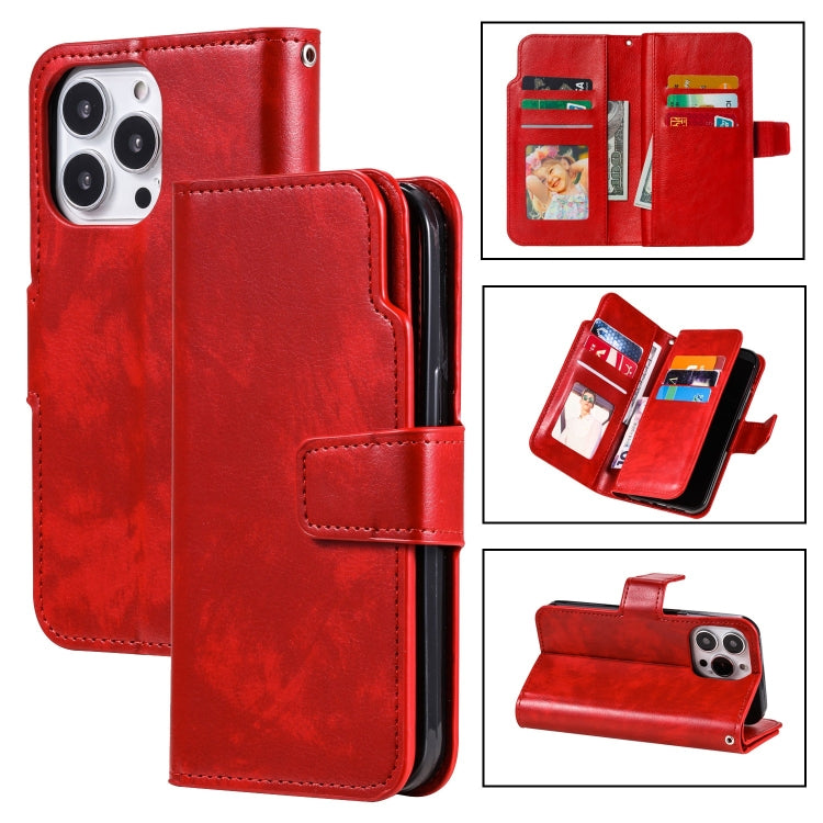 For iPhone 15 Pro Tri-Fold 9-Card Wallets Leather Phone Case(Red) - HoMEdemic™ 