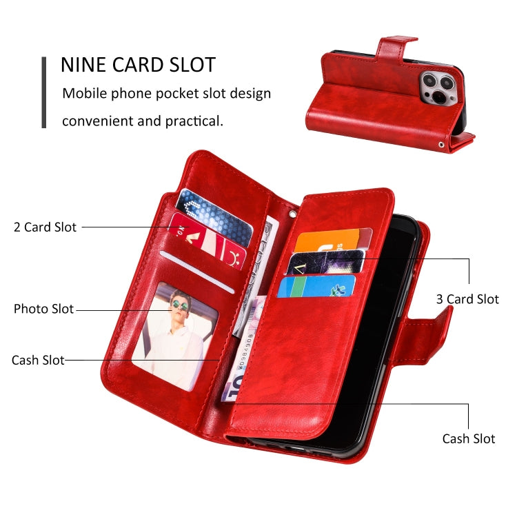 For iPhone 15 Pro Tri-Fold 9-Card Wallets Leather Phone Case(Red) - HoMEdemic™ 