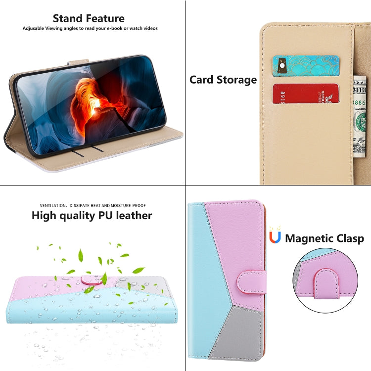 For iPhone 15 Pro Tricolor Stitching Horizontal Flip Leather Phone Case(Blue) - HoMEdemic™ 
