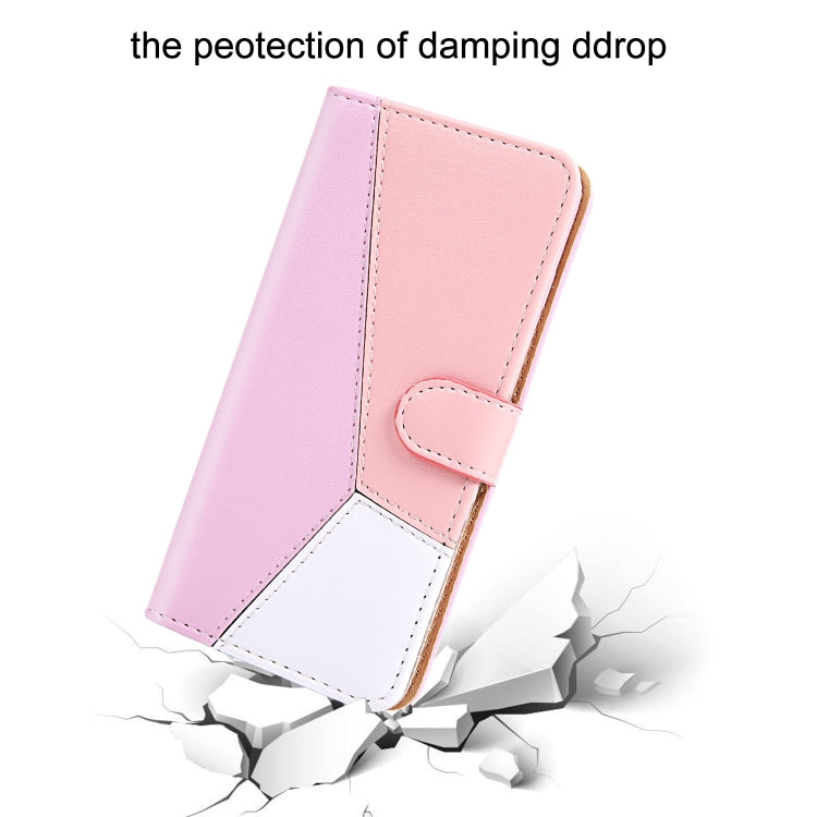 For iPhone 15 Pro Tricolor Stitching Horizontal Flip Leather Phone Case(Pink) - HoMEdemic™ 