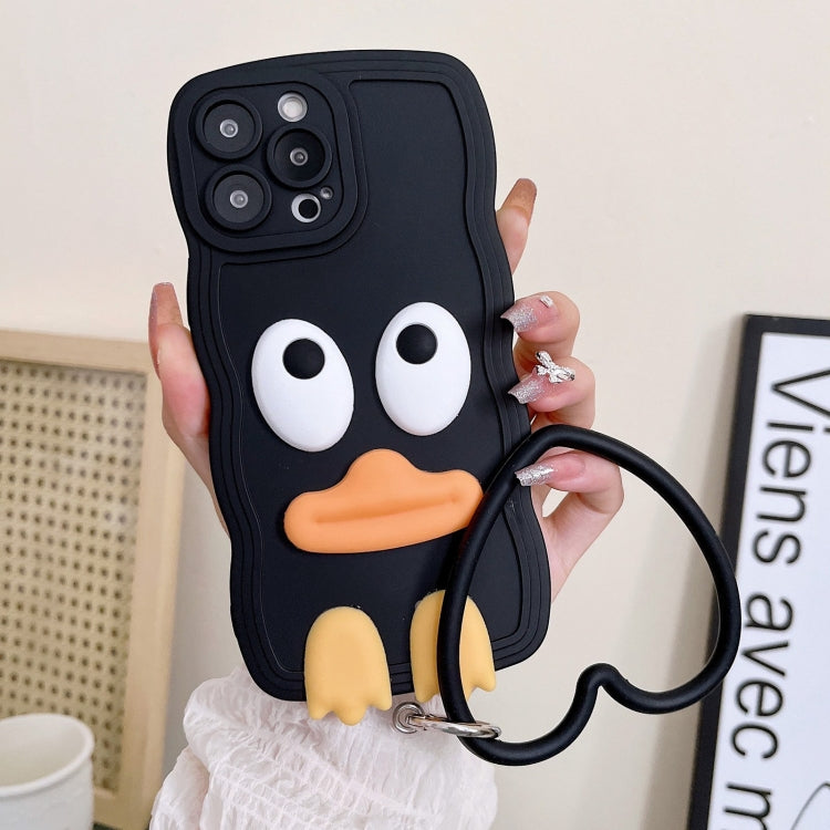 For iPhone 15 Pro Wave Edge Big Duck Silicone Phone Case with Wristband(Black) - HoMEdemic™ 