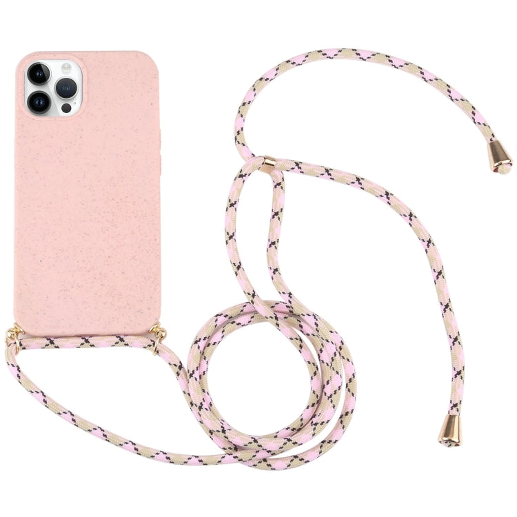 For iPhone 15 Pro Wheat Straw TPU Shockproof Phone Case with Neck Lanyard(Pink) - HoMEdemic™ 
