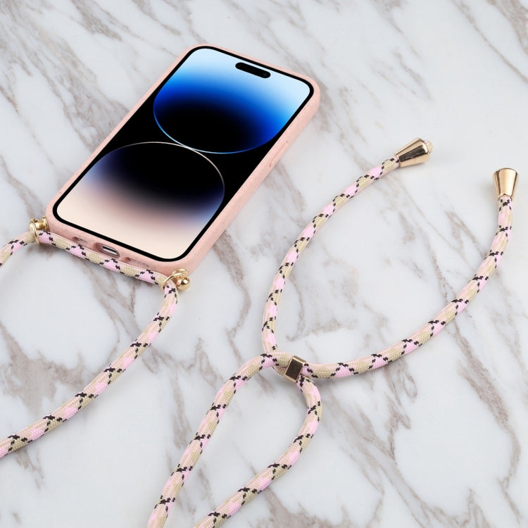 For iPhone 15 Pro Wheat Straw TPU Shockproof Phone Case with Neck Lanyard(Pink) - HoMEdemic™ 
