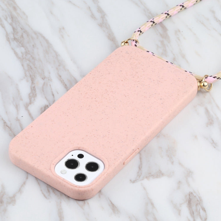 For iPhone 15 Pro Wheat Straw TPU Shockproof Phone Case with Neck Lanyard(Pink) - HoMEdemic™ 
