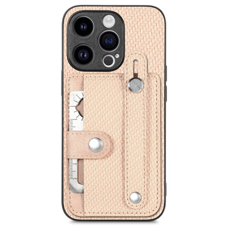 For iPhone 15 Pro Wristband Kickstand Card Wallet Back Phone Case with Tool Knife(Apricot) - HoMEdemic™ 