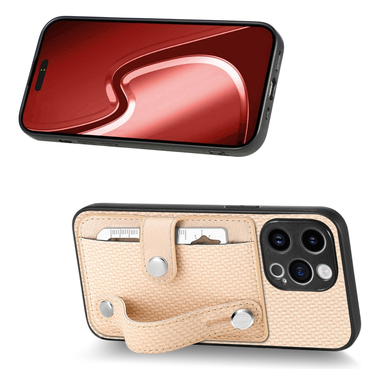 For iPhone 15 Pro Wristband Kickstand Card Wallet Back Phone Case with Tool Knife(Apricot) - HoMEdemic™ 