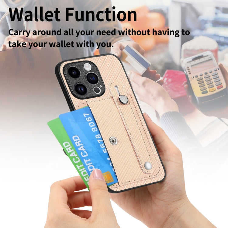 For iPhone 15 Pro Wristband Kickstand Card Wallet Back Phone Case with Tool Knife(Apricot) - HoMEdemic™ 