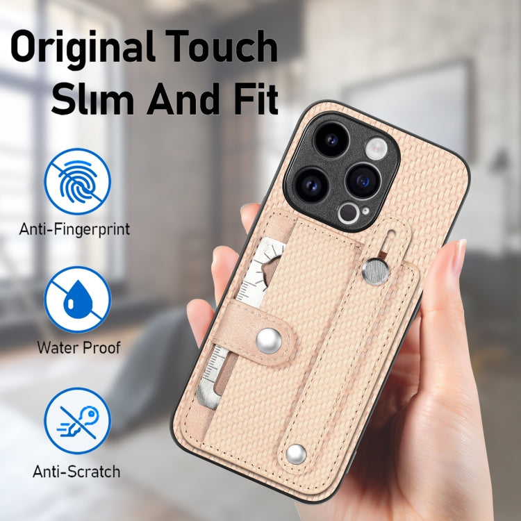 For iPhone 15 Pro Wristband Kickstand Card Wallet Back Phone Case with Tool Knife(Apricot) - HoMEdemic™ 