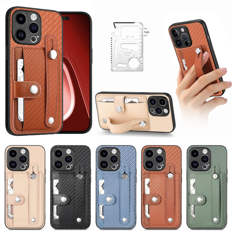 For iPhone 15 Pro Wristband Kickstand Card Wallet Back Phone Case with Tool Knife(Apricot) - HoMEdemic™ 