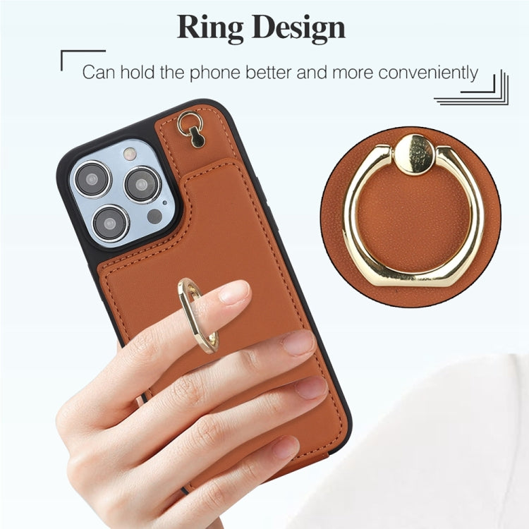 For iPhone 15 Pro YM005 Skin Feel Card Bag Phone Case with Long Lanyard(Brown) - HoMEdemic™ 