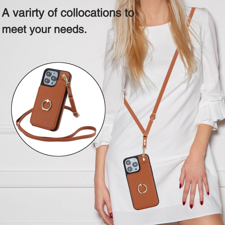 For iPhone 15 Pro YM005 Skin Feel Card Bag Phone Case with Long Lanyard(Brown) - HoMEdemic™ 
