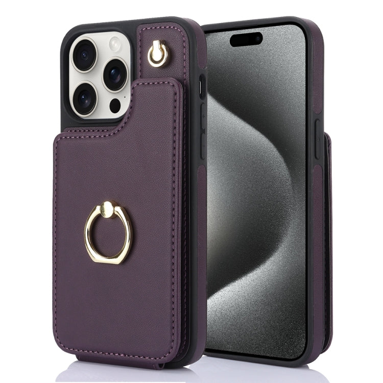 For iPhone 15 Pro YM005 Skin Feel Card Bag Phone Case with Long Lanyard(Dark Purple) - HoMEdemic™ 