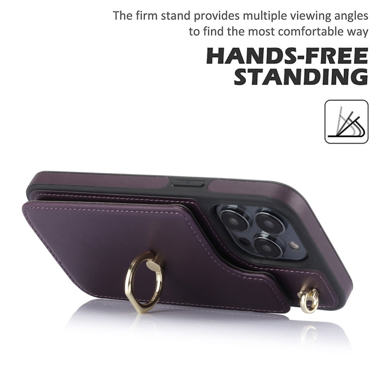 For iPhone 15 Pro YM005 Skin Feel Card Bag Phone Case with Long Lanyard(Dark Purple) - HoMEdemic™ 