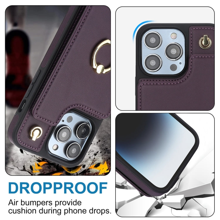 For iPhone 15 Pro YM005 Skin Feel Card Bag Phone Case with Long Lanyard(Dark Purple) - HoMEdemic™ 