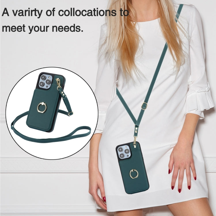 For iPhone 15 Pro YM005 Skin Feel Card Bag Phone Case with Long Lanyard(Green) - HoMEdemic™ 