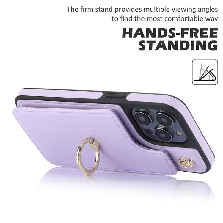 For iPhone 15 Pro YM005 Skin Feel Card Bag Phone Case with Long Lanyard(Light Purple) - HoMEdemic™ 