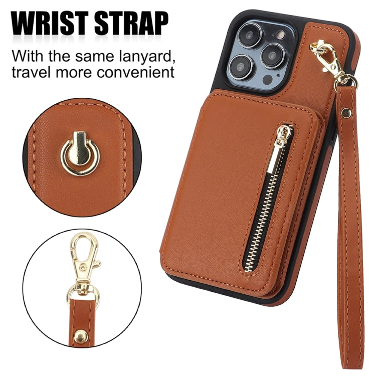 For iPhone 15 Pro YM006 Skin Feel Zipper Card Bag Phone Case with Dual Lanyard(Brown) - HoMEdemic™ 