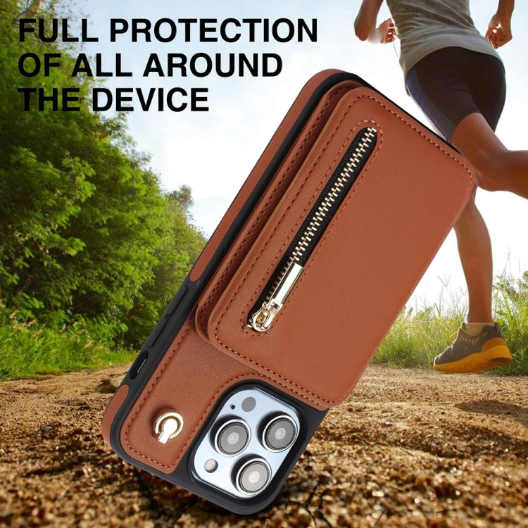 For iPhone 15 Pro YM006 Skin Feel Zipper Card Bag Phone Case with Dual Lanyard(Brown) - HoMEdemic™ 