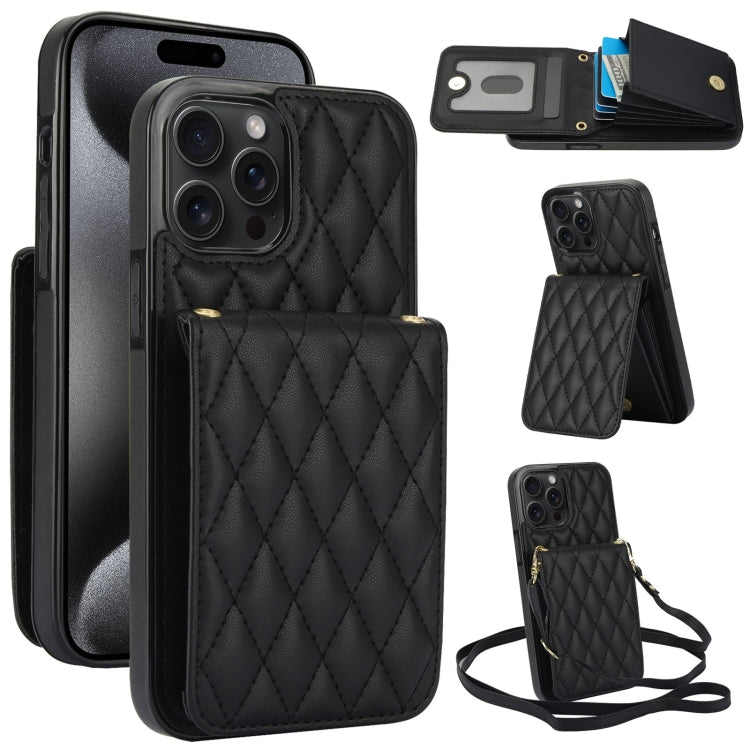 For iPhone 15 Pro YM015 Crossbody Rhombic Card Bag RFID Phone Case(Black) - HoMEdemic™ 