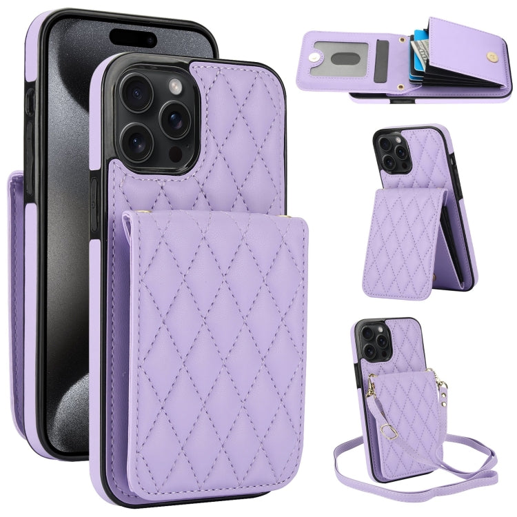 For iPhone 15 Pro YM015 Crossbody Rhombic Card Bag RFID Phone Case(Light Purple) - HoMEdemic™ 