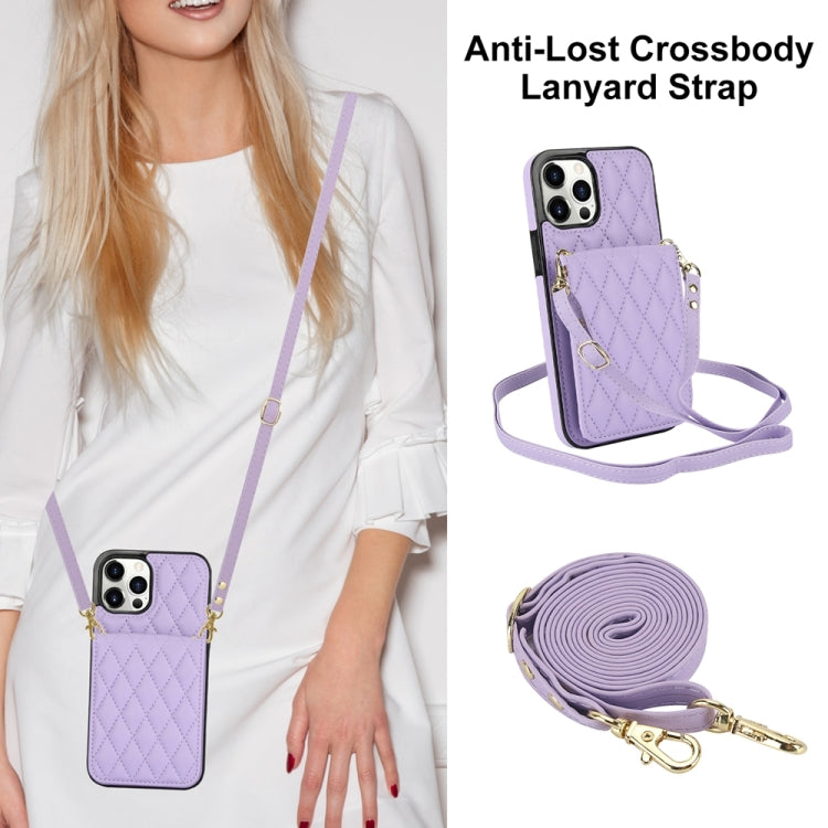 For iPhone 15 Pro YM015 Crossbody Rhombic Card Bag RFID Phone Case(Light Purple) - HoMEdemic™ 
