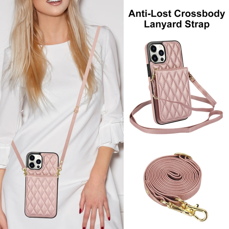 For iPhone 15 Pro YM015 Crossbody Rhombic Card Bag RFID Phone Case(Rose Gold) - HoMEdemic™ 