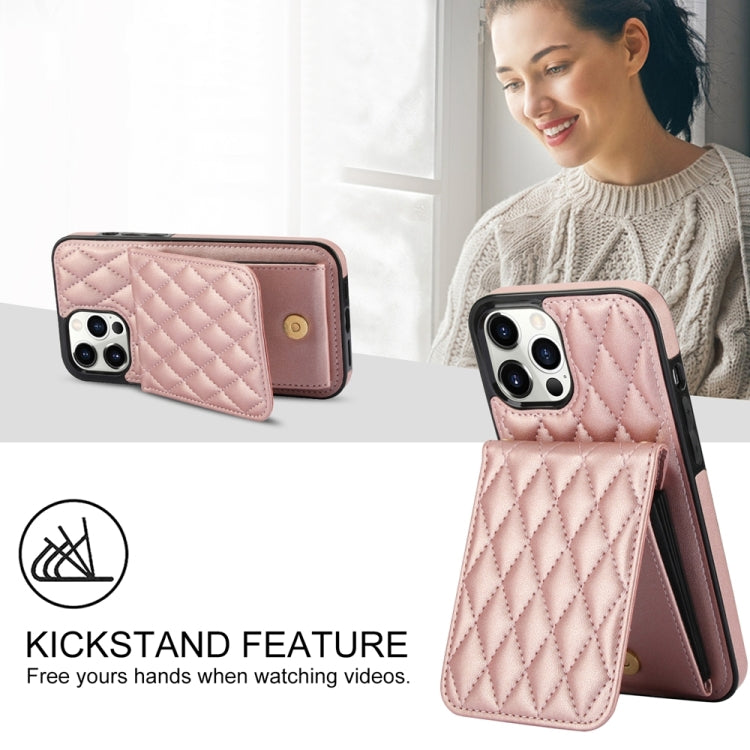 For iPhone 15 Pro YM015 Crossbody Rhombic Card Bag RFID Phone Case(Rose Gold) - HoMEdemic™ 