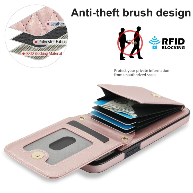 For iPhone 15 Pro YM015 Crossbody Rhombic Card Bag RFID Phone Case(Rose Gold) - HoMEdemic™ 