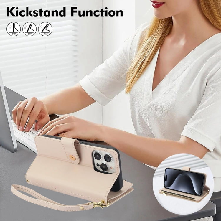 For iPhone 15 Pro YM016 Rhombic Zipper Card Wallet Leather Phone Case with Lanyard(Apricot) - HoMEdemic™ 