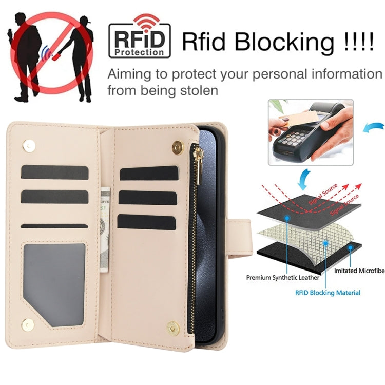 For iPhone 15 Pro YM016 Rhombic Zipper Card Wallet Leather Phone Case with Lanyard(Apricot) - HoMEdemic™ 